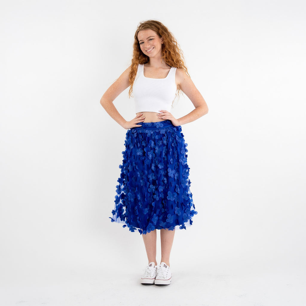 Women's royal blue floral appliqué mesh midi skirt A-line silhouette front view - BellanBlue