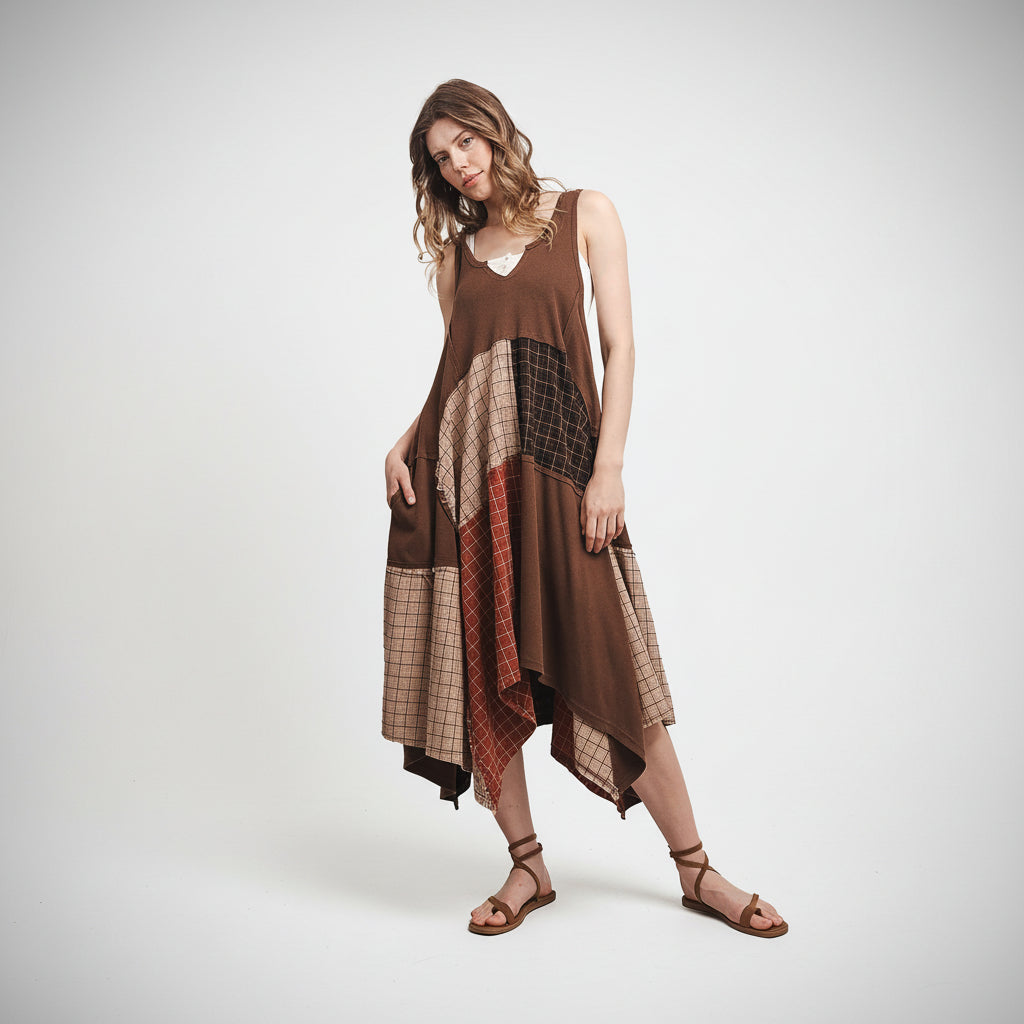 Bluevelvet patchwork plaid asymmetric hem dress in mocha with tan and rust plaid panels, angled front view