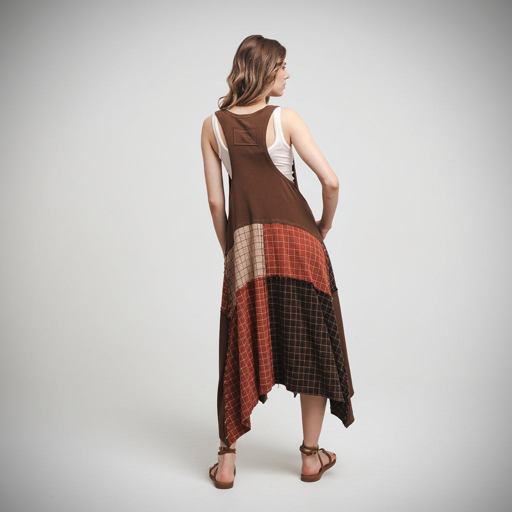 Back view of Bluevelvet mocha patchwork plaid tank dress showing racerback cut and asymmetric draped hem