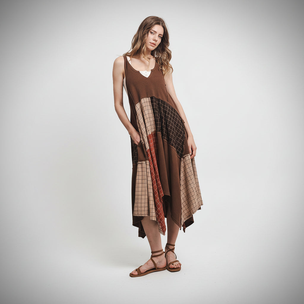 Bluevelvet patchwork plaid V-neck tank dress in mocha with asymmetric handkerchief hem and frayed panel edges
