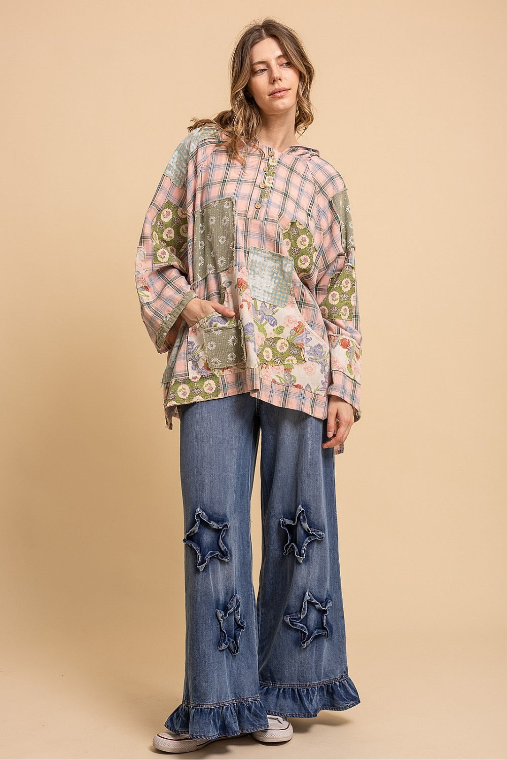 Patchwork Wide Sleeve Hooded Button Up Pullover