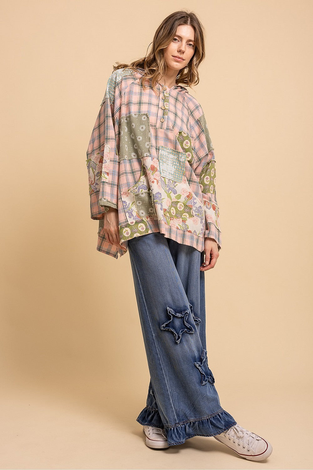 Patchwork Wide Sleeve Hooded Button Up Pullover