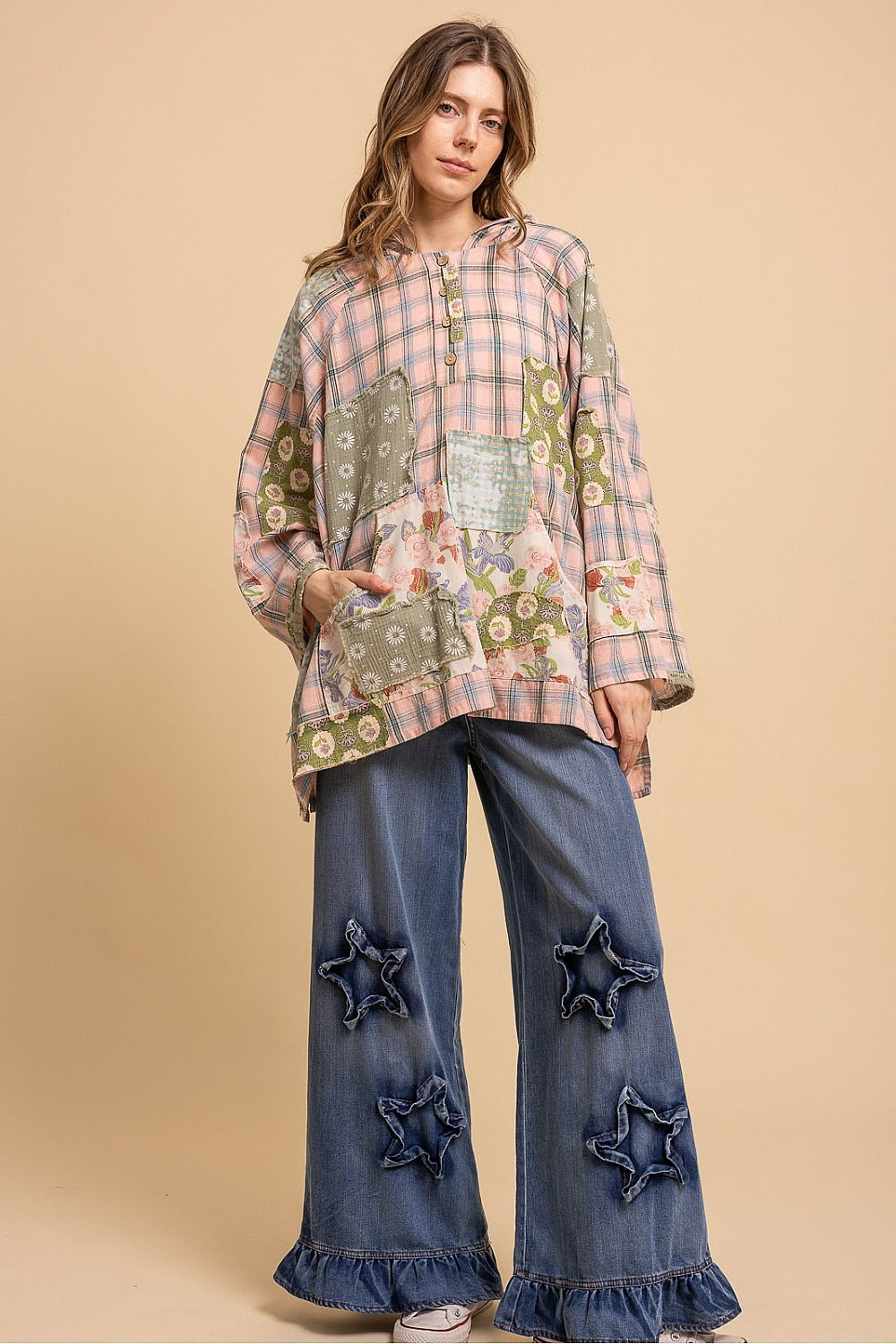 Patchwork Wide Sleeve Hooded Button Up Pullover