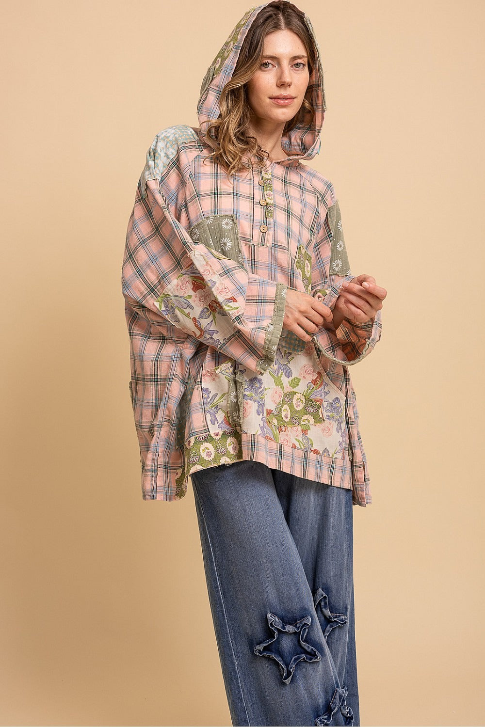 Patchwork Wide Sleeve Hooded Button Up Pullover