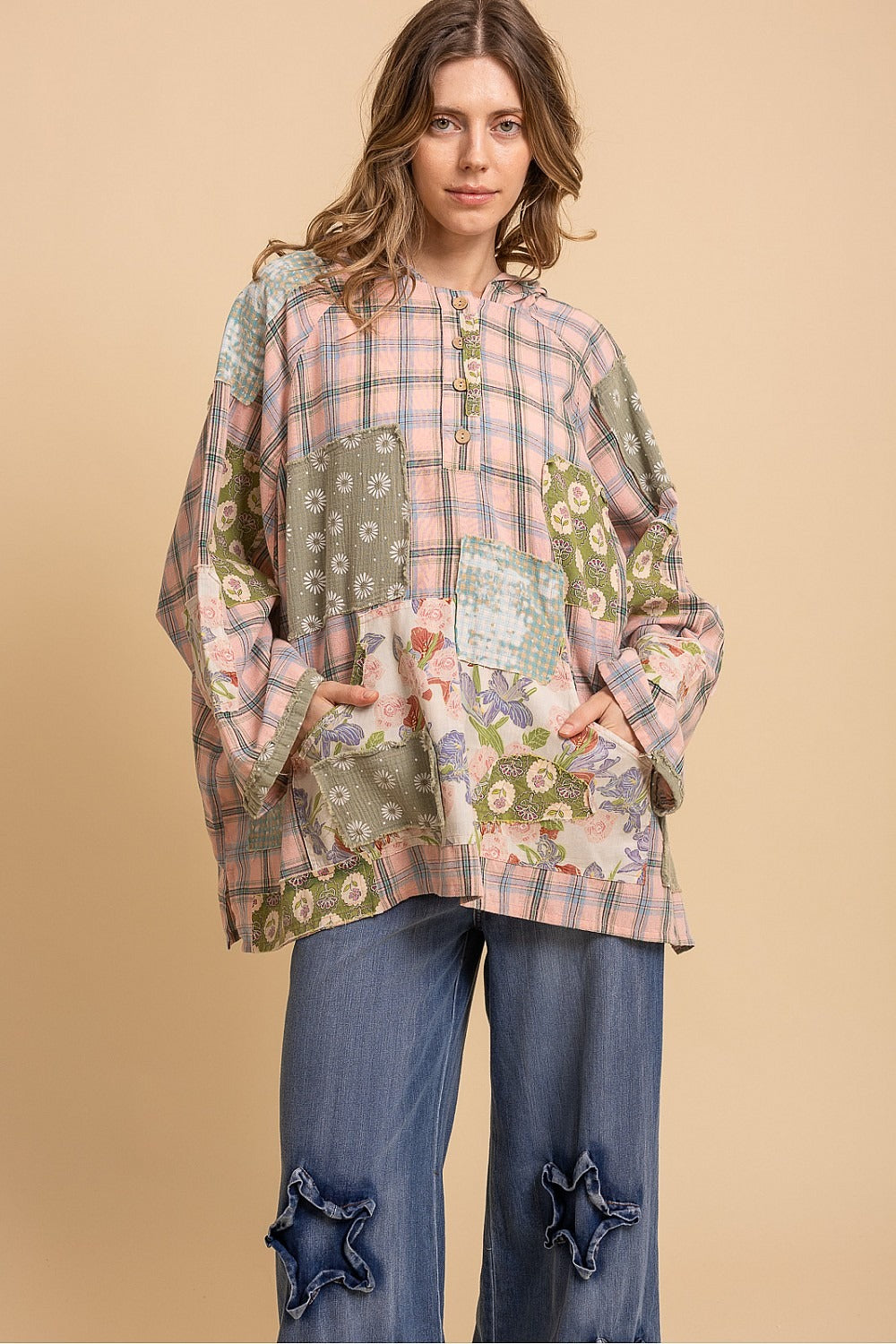 Patchwork Wide Sleeve Hooded Button Up Pullover