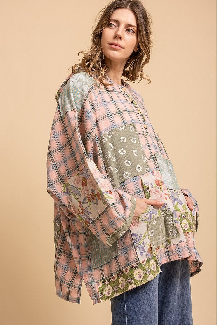 Patchwork Wide Sleeve Hooded Button Up Pullover