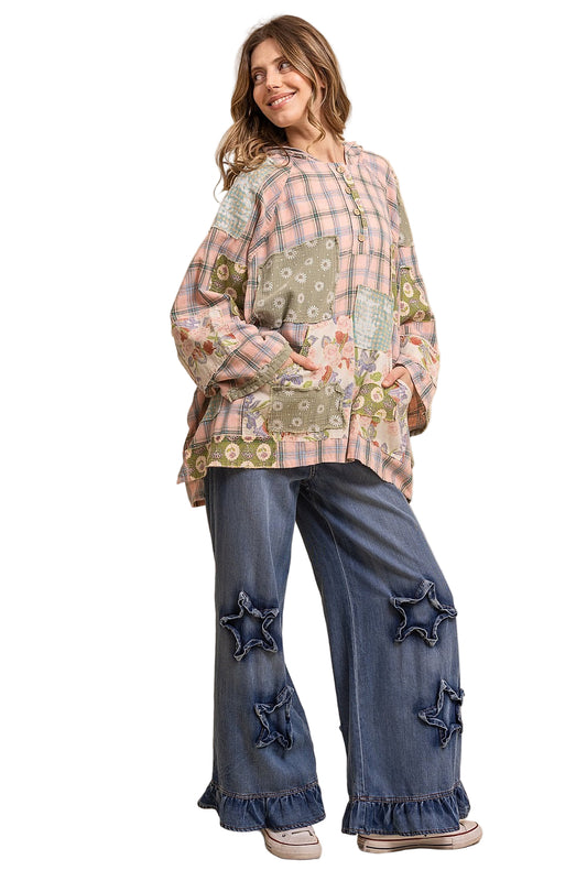 Patchwork Wide Sleeve Hooded Button Up Pullover