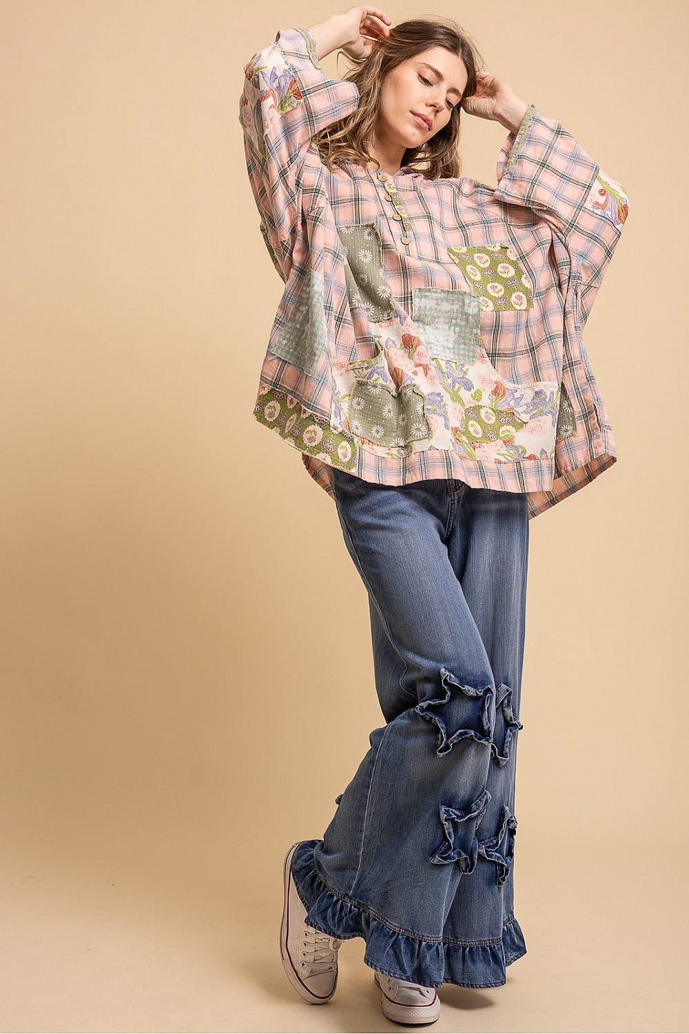 Patchwork Wide Sleeve Hooded Button Up Pullover