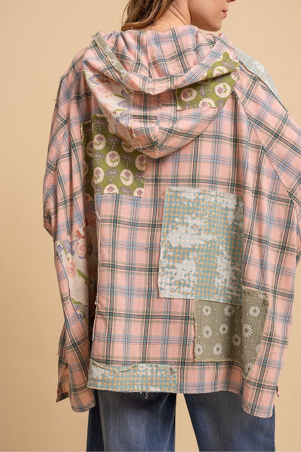 Patchwork Wide Sleeve Hooded Button Up Pullover