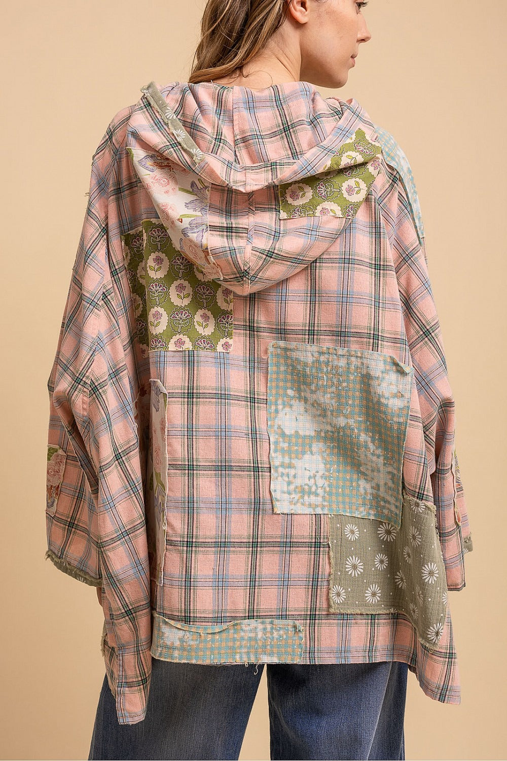 Patchwork Wide Sleeve Hooded Button Up Pullover