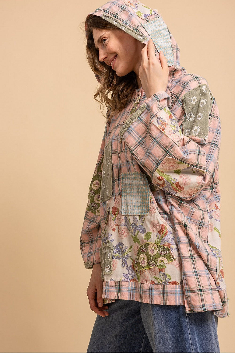 Patchwork Wide Sleeve Hooded Button Up Pullover