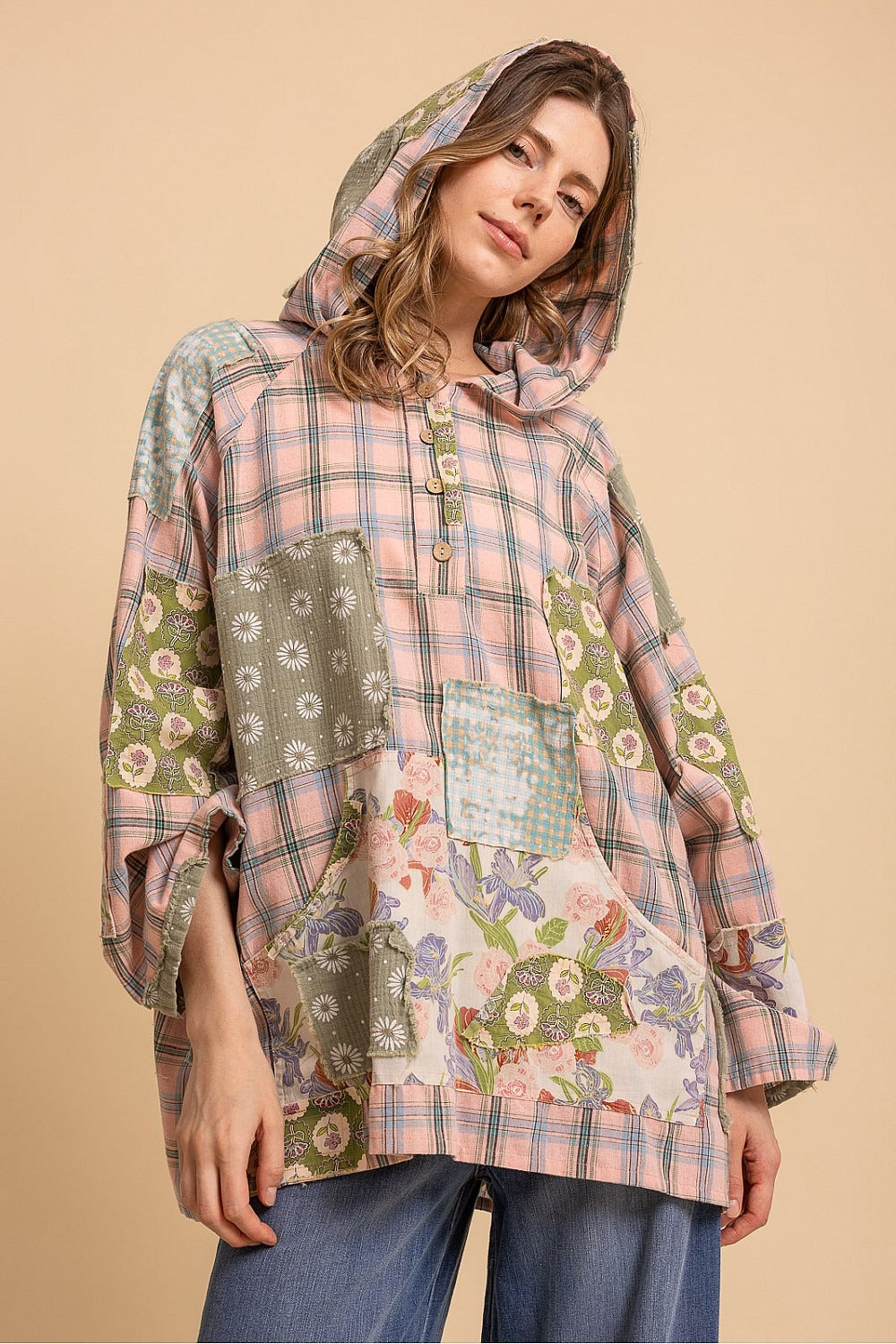 Patchwork Wide Sleeve Hooded Button Up Pullover
