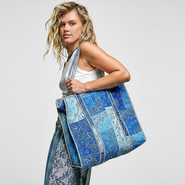 POL Quilted Paisley Tote Bag – Blue Multi