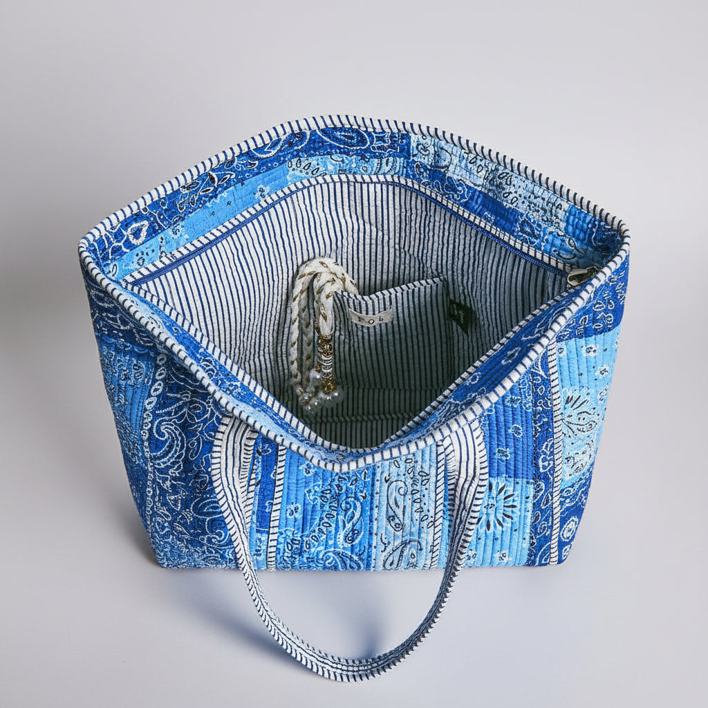 POL Quilted Paisley Tote Bag – Blue Multi