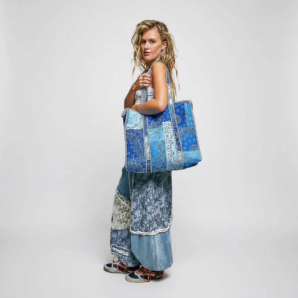 POL Quilted Paisley Tote Bag – Blue Multi
