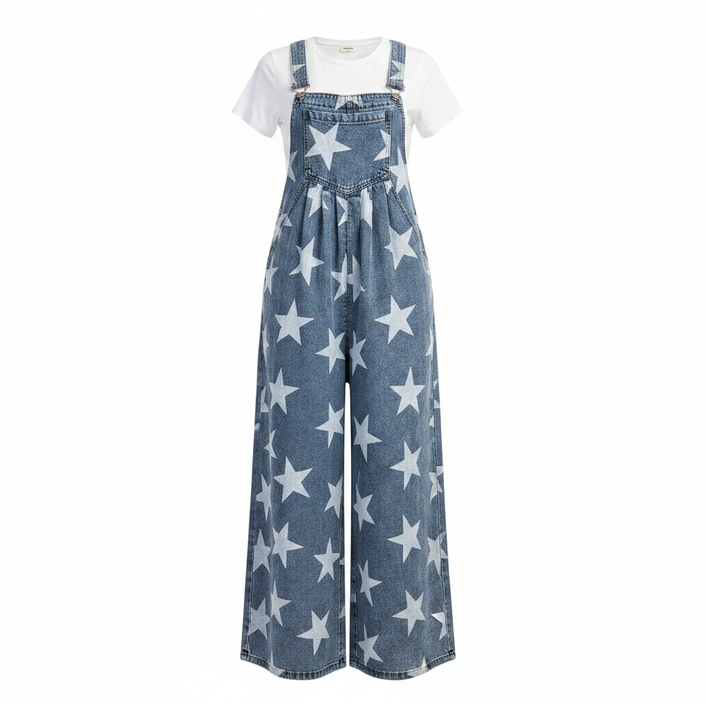 Blue denim overalls with star pattern worn over a white t-shirt on a white background