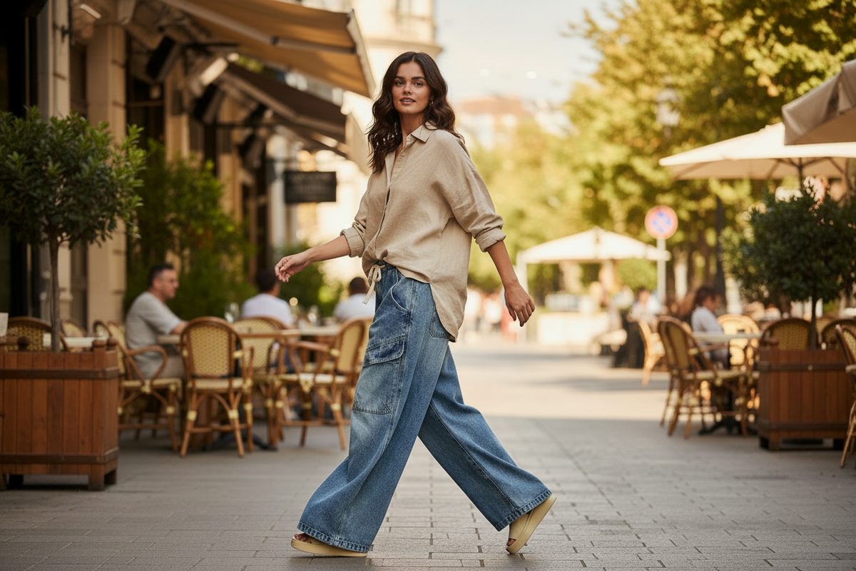 Women's acid wash barrel-leg cargo jeans in motion, drawstring waist, relaxed fit
