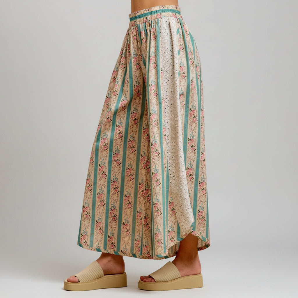BiBi teal floral striped eyelet wide-leg pants styled on model - BellanBlue