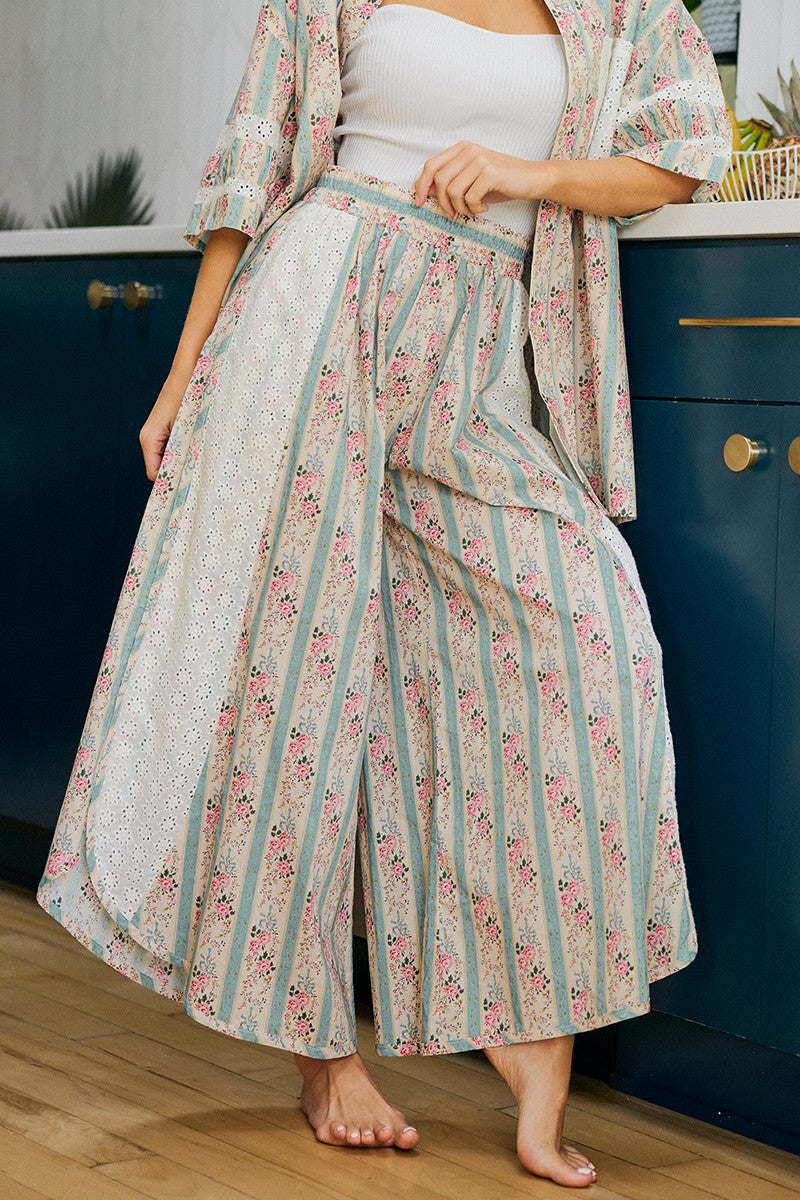 BiBi teal floral striped eyelet wide-leg pants, product view 02