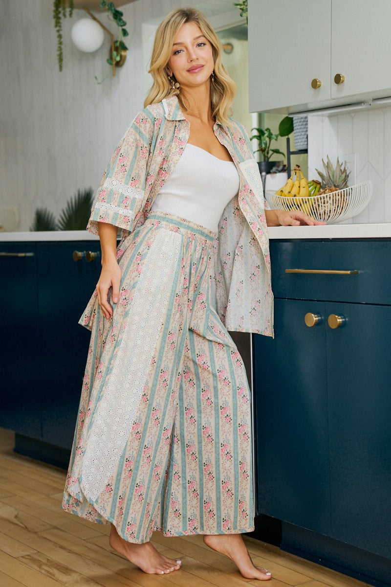 BiBi teal floral striped eyelet wide-leg pants, product view 04