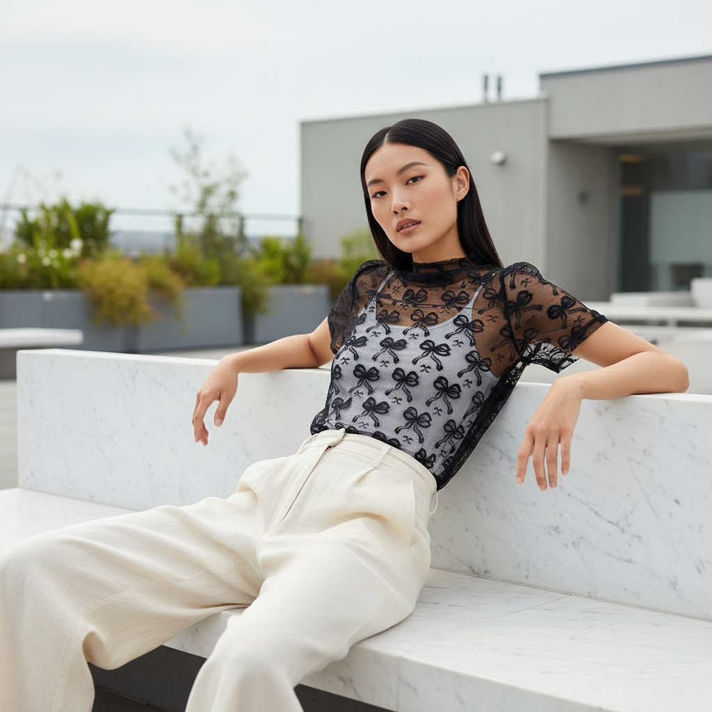 BiBi black sheer bow embroidered mesh top, high neck, seated editorial pose