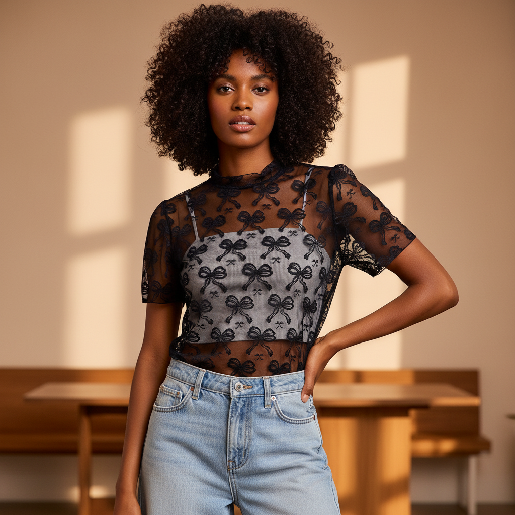 BiBi black bow mesh top, high mock neck, relaxed boxy fit, standing front view