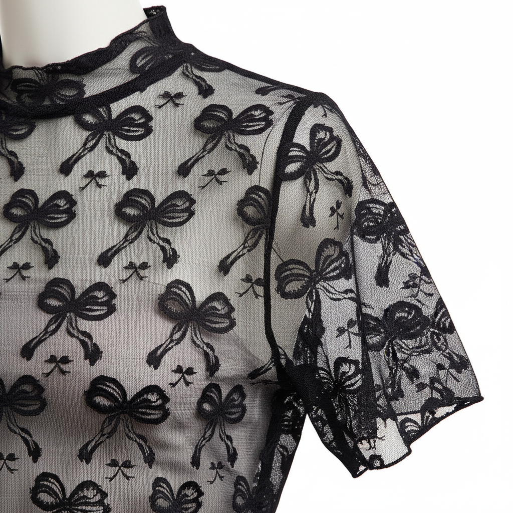 BiBi black sheer mesh top close-up, allover bow embroidery lace detail, high neck construction
