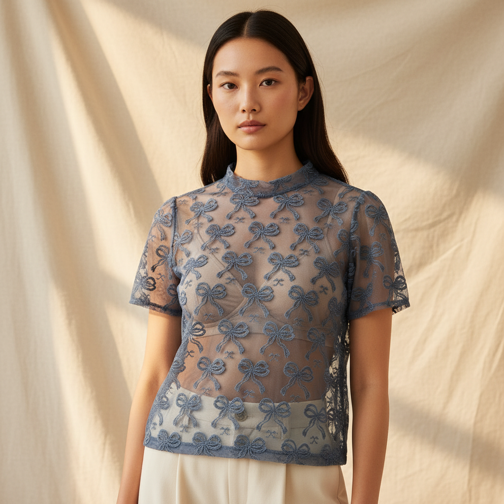 Women's dusty blue sheer bow mesh top, high mock neck, boxy fit, styled for daytime – BellanBlue