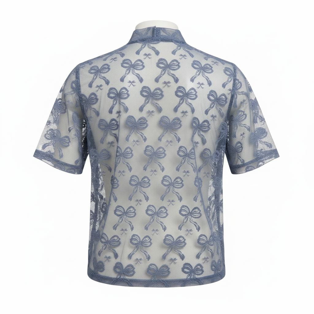 Women's dusty blue sheer lace top, back view, high mock neck, allover bow embroidery, boxy fit