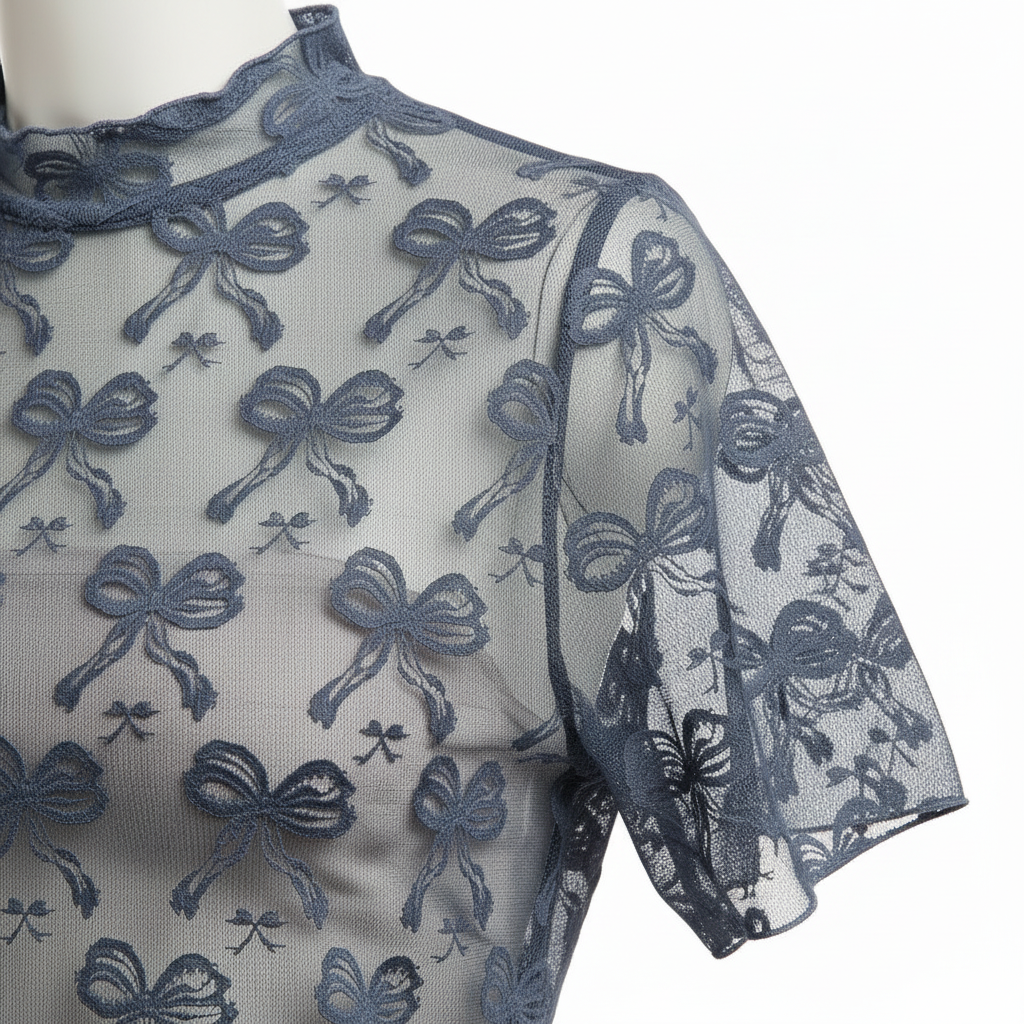 Women's dusty blue sheer mesh close-up, bow floral lace embroidery texture, high neck construction