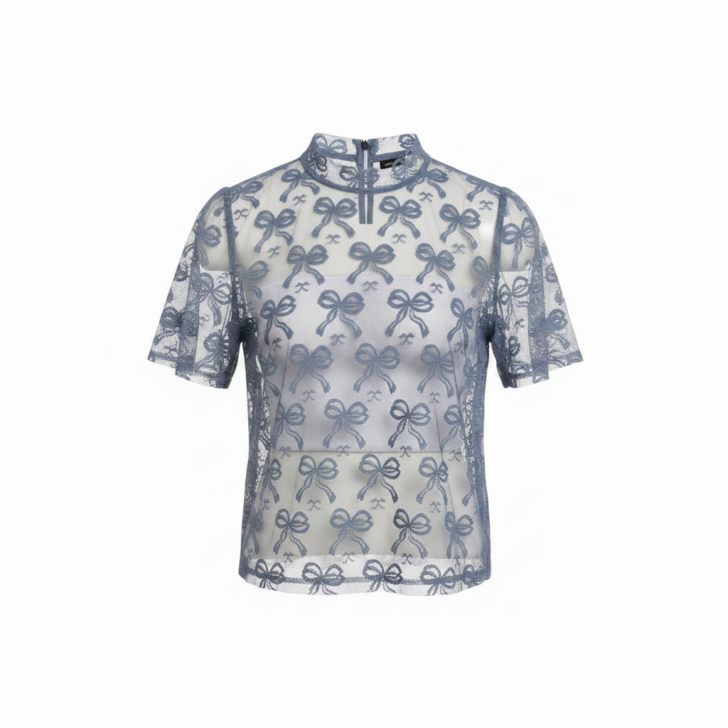 Women's dusty blue bow pattern mesh top, front view, sheer lace fabric, high mock neck, short sleeve