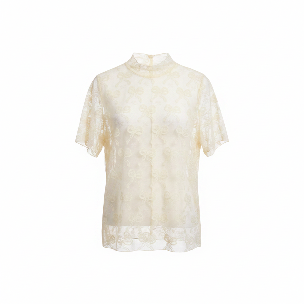 Women's cream bow pattern mesh top, front view, sheer lace fabric, high neck, short sleeve