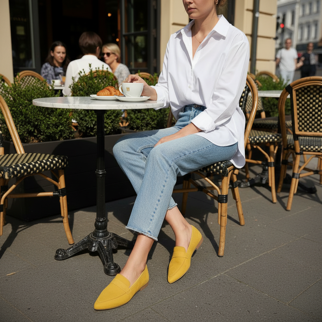 Women's mustard slip-on loafer flats styled with blue jeans at an outdoor café — classic loafer silhouette, BellanBlue