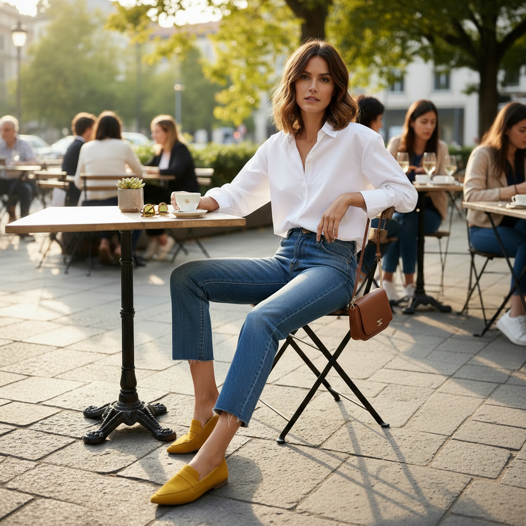 Woman sitting outdoors at a cafe table wearing a white shirt, blue jeans, and yellow shoes.