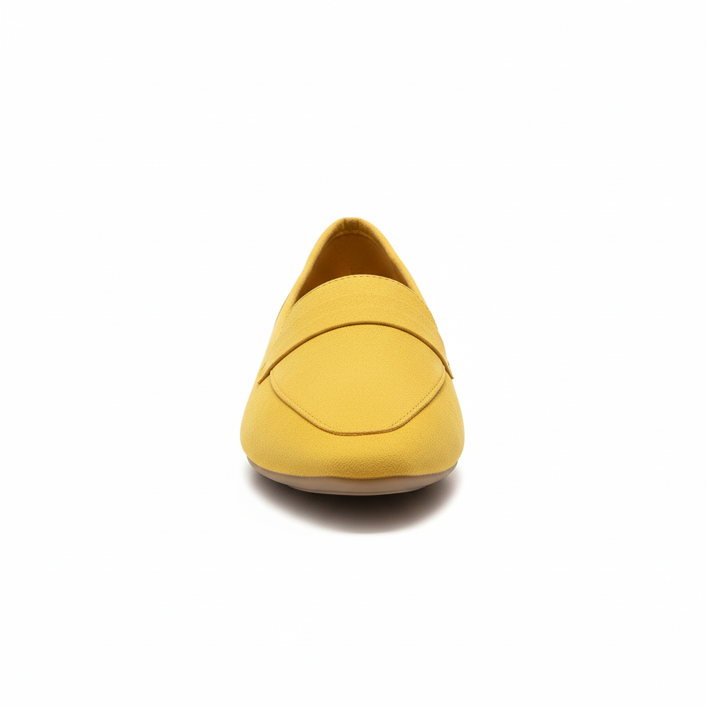 Women's mustard slip-on loafer flat — pointed toe, penny strap detail, classic structured silhouette, white background - BellanBlue
