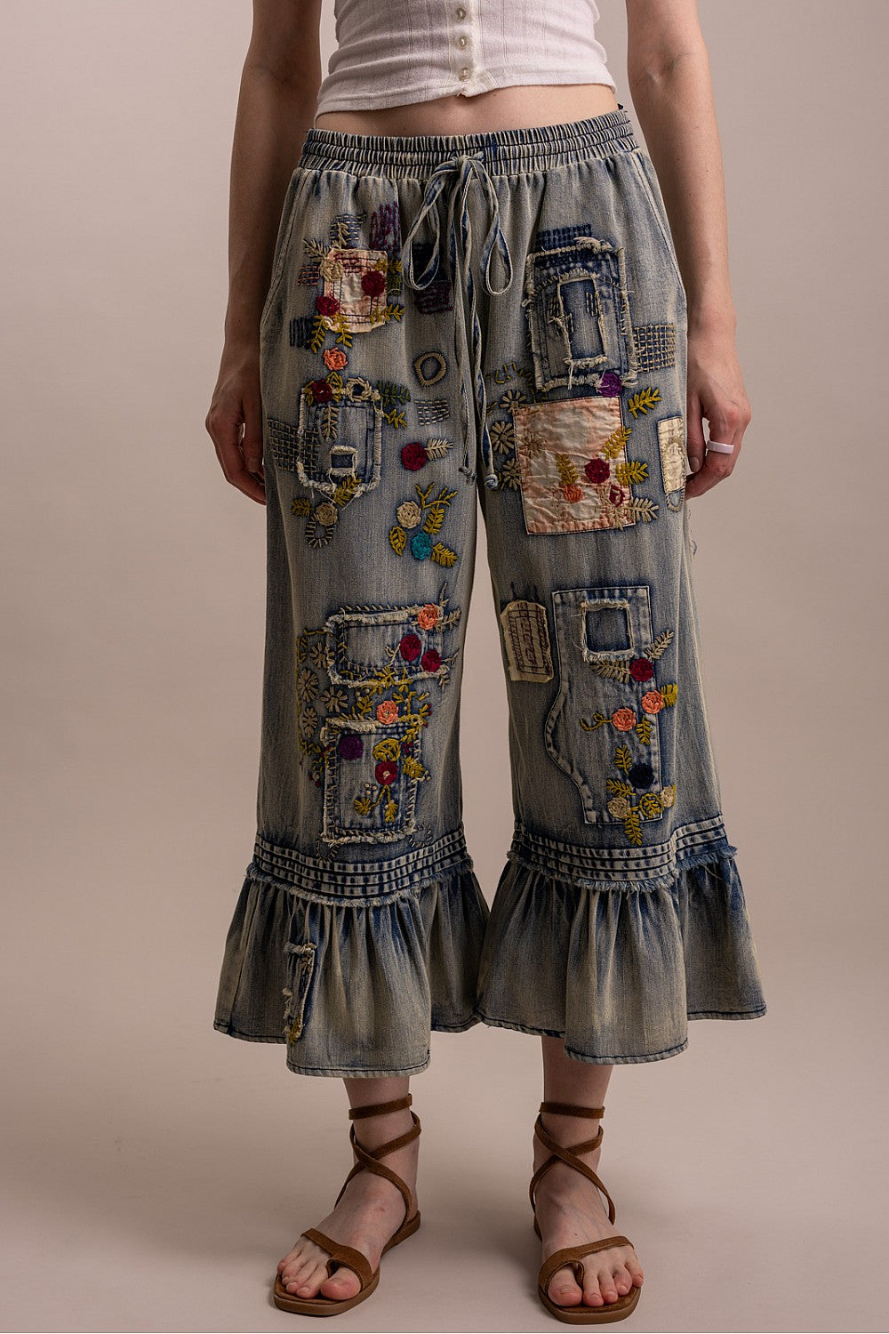 Blue Velvet women's denim embroidered patchwork pants with drawstring waist and ruffle hems, supplier view 1