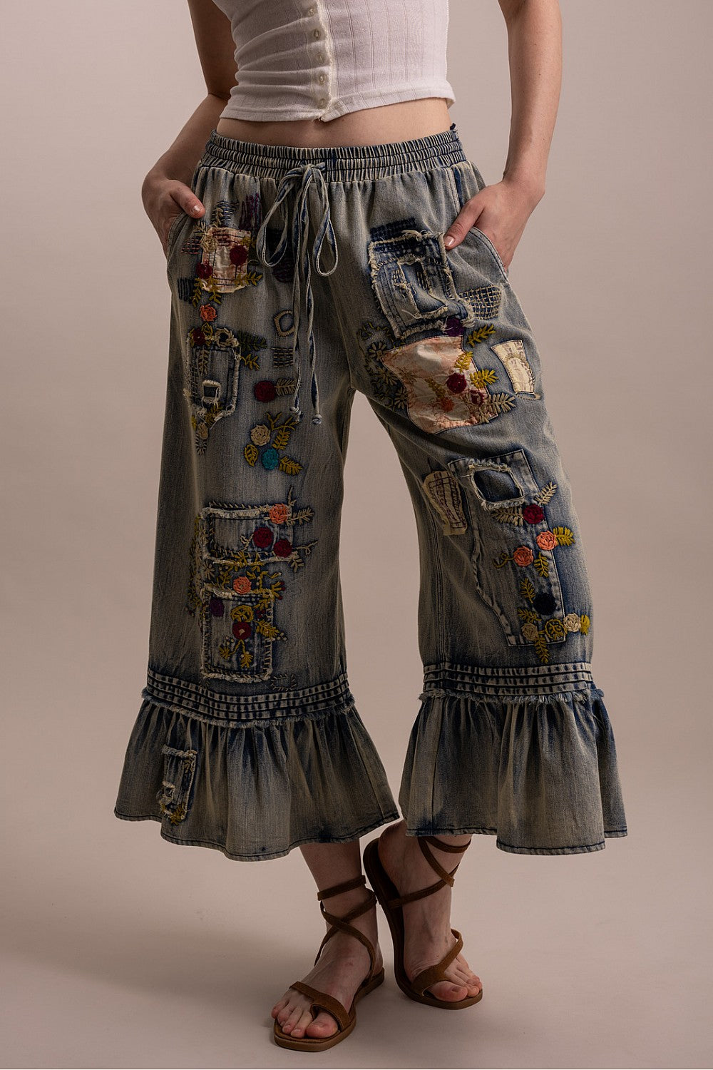Blue Velvet women's cropped denim patchwork pants with multicolored embroidery, supplier view 2