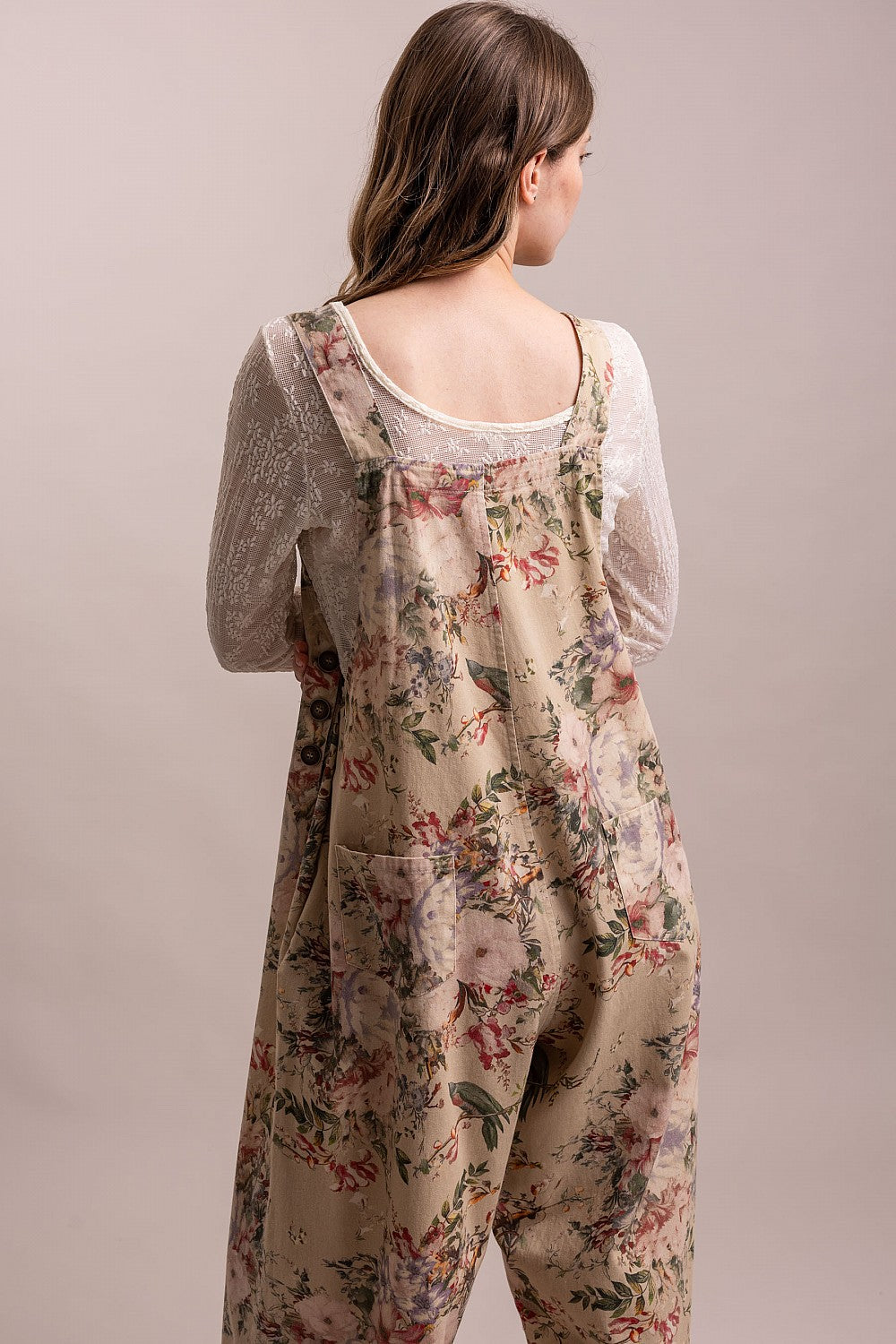 Bluevelvet taupe floral overalls back view showing gathered back panel and wide shoulder straps
