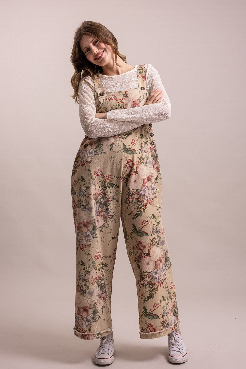 Bluevelvet taupe floral wide-leg overalls full-length front view, bib and button placket detail
