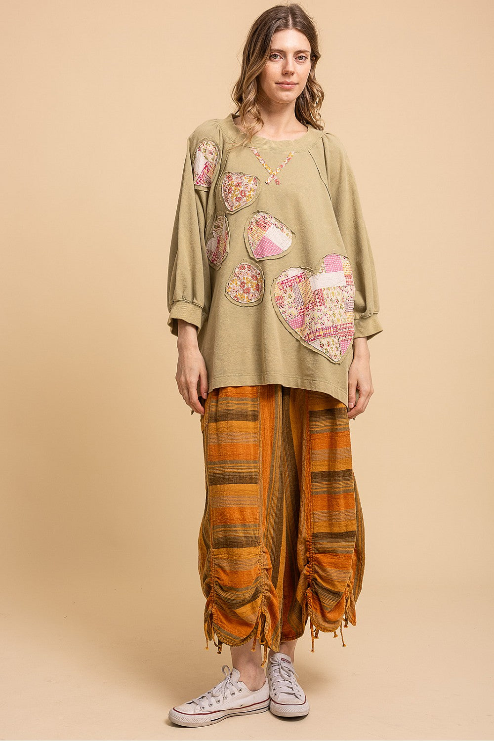 Blue Velvet sage heart patchwork sweatshirt, full-length front view on model showing the oversized fit
