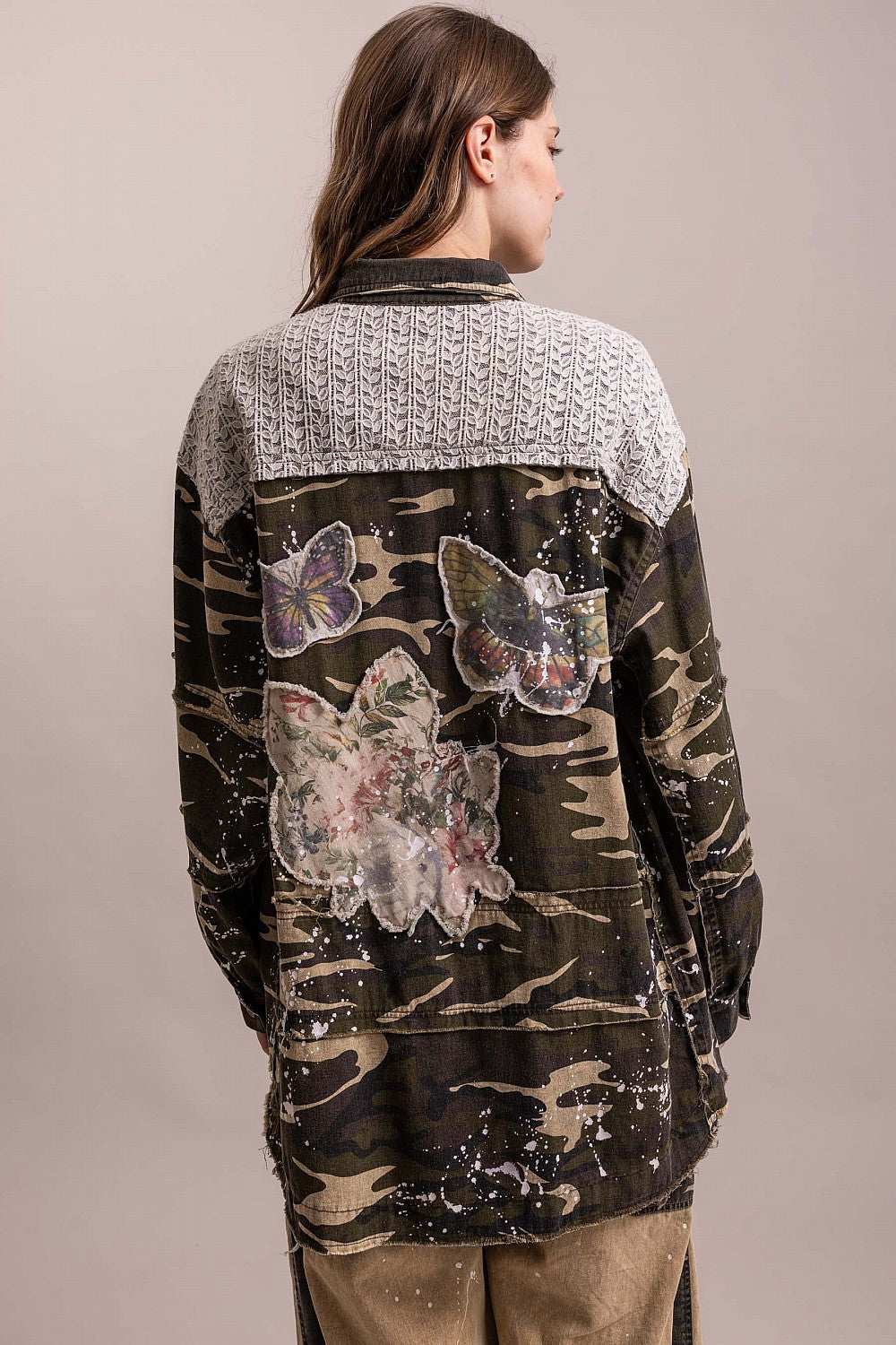 Blue Velvet camo patchwork jacket back with lace yoke, butterfly patches and large floral applique
