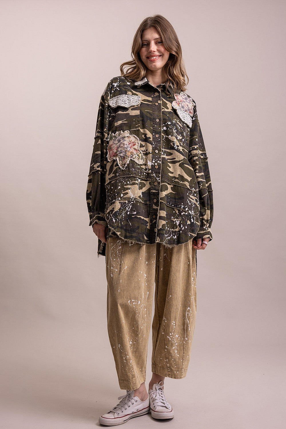 Blue Velvet women's camo patchwork jacket, full front outfit with tan trousers and sneakers