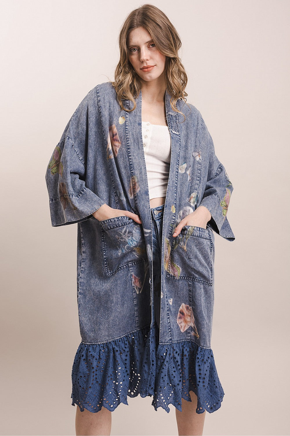 Blue Velvet women's blue floral butterfly kimono front view with patch pockets and navy eyelet hem