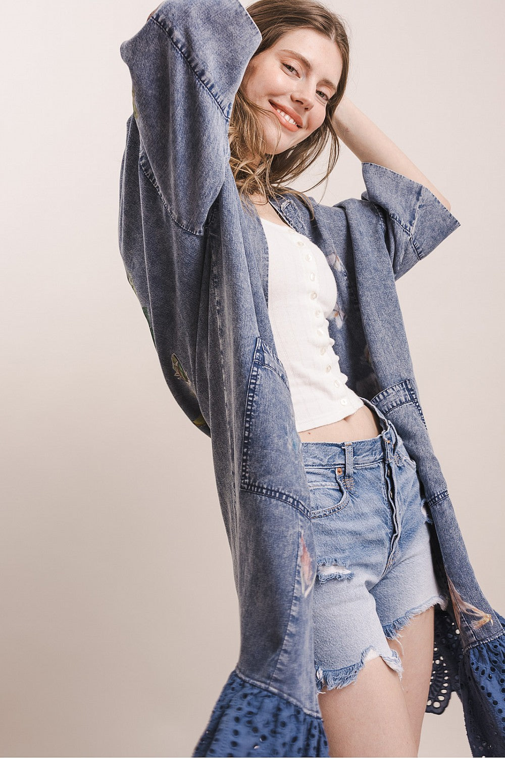 Blue Velvet women's blue open-front floral kimono styled with a white top and denim shorts