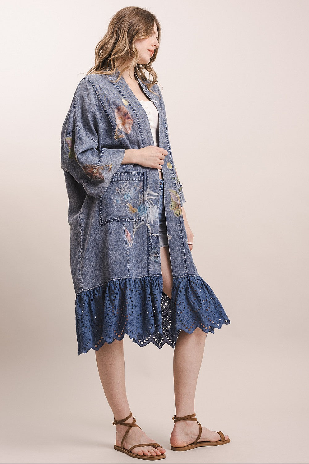 Blue Velvet women's blue floral butterfly kimono side view with scalloped navy eyelet ruffle