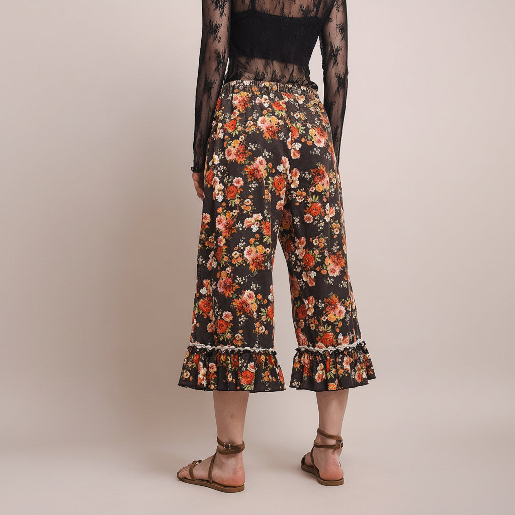 Blue Velvet Floral Wide-Leg Ruffle Hem Capri Pants | BellanBlue