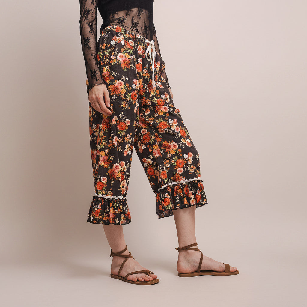 Bluevelvet women's dark brown floral wide-leg capri pants, side profile showing lace trim and ruffle
