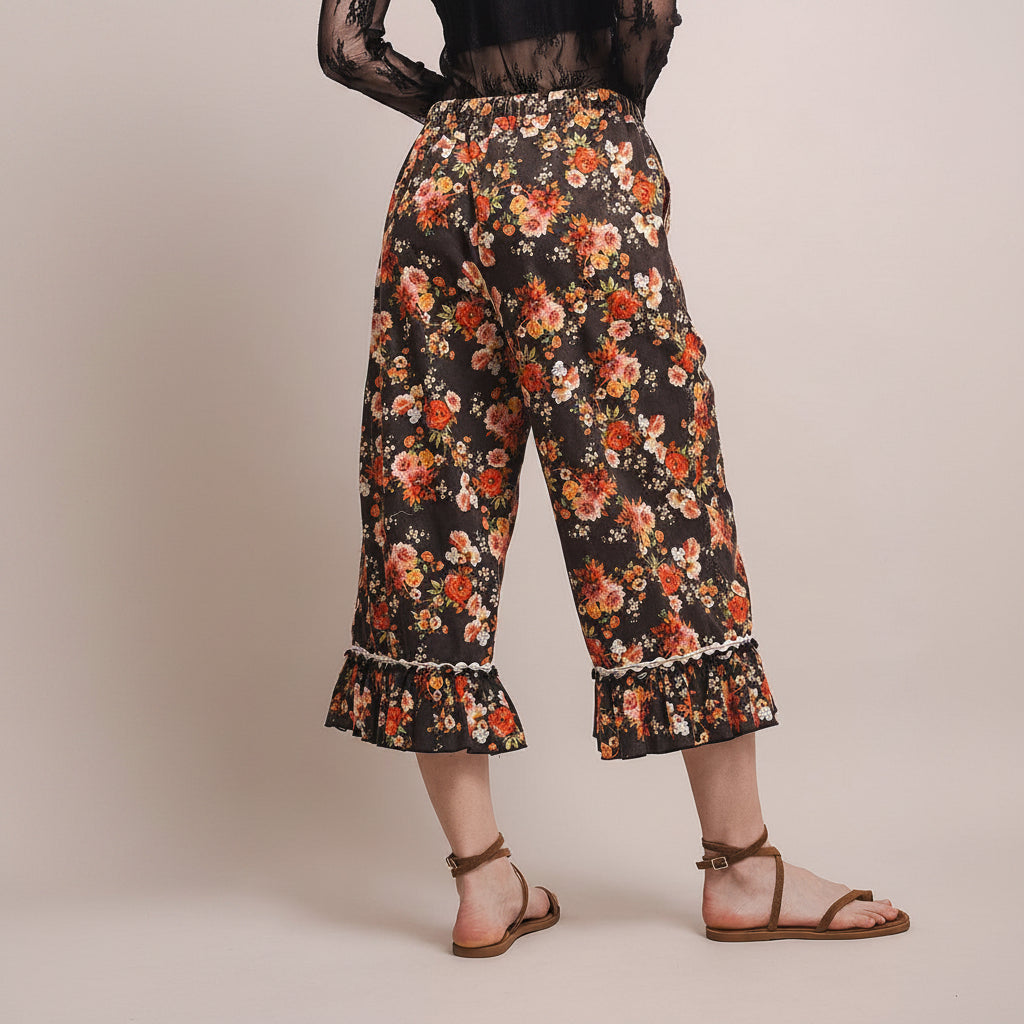 Blue Velvet Floral Wide-Leg Ruffle Hem Capri Pants | BellanBlue