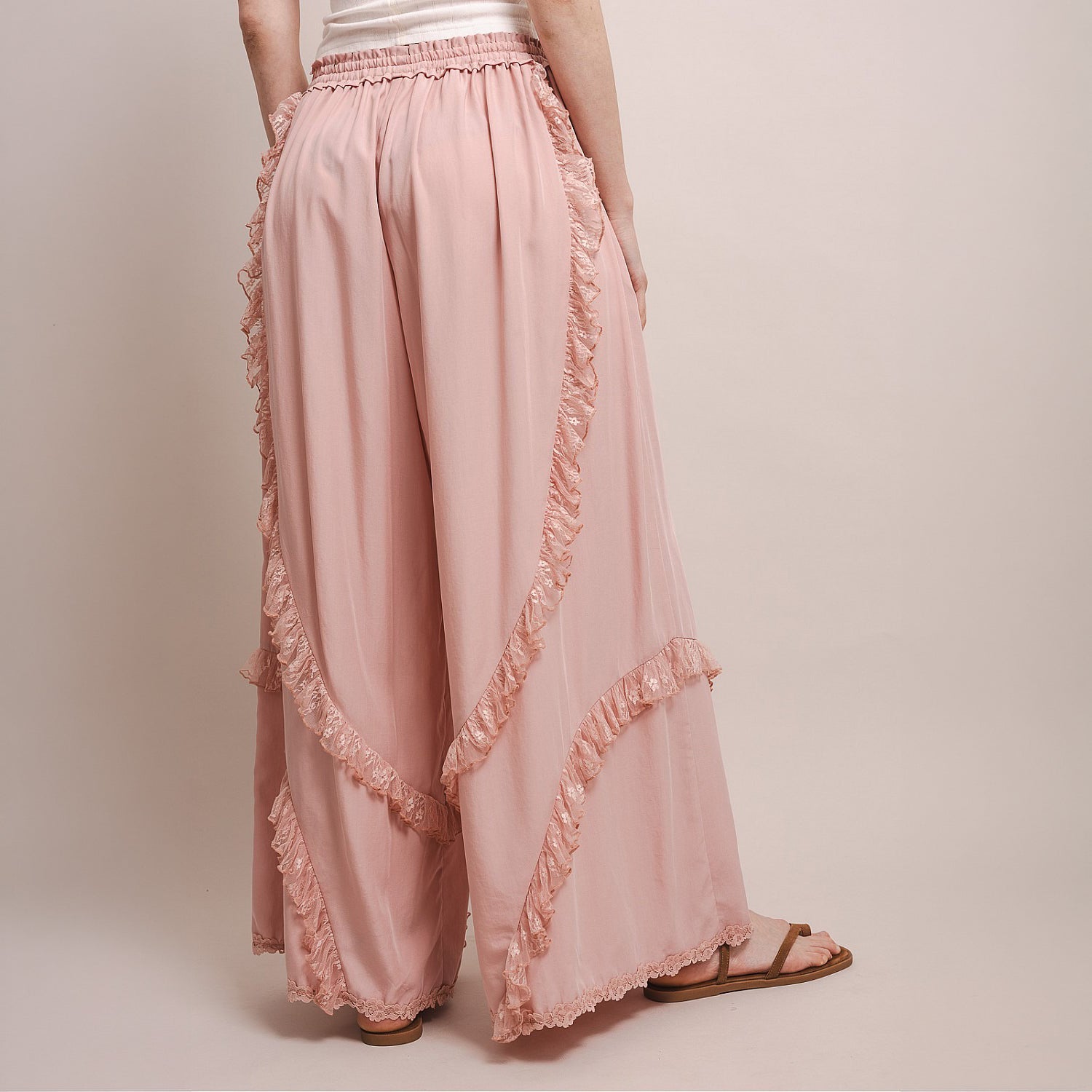 Bluevelvet Pink Ruffle Detail Wide Leg Pants