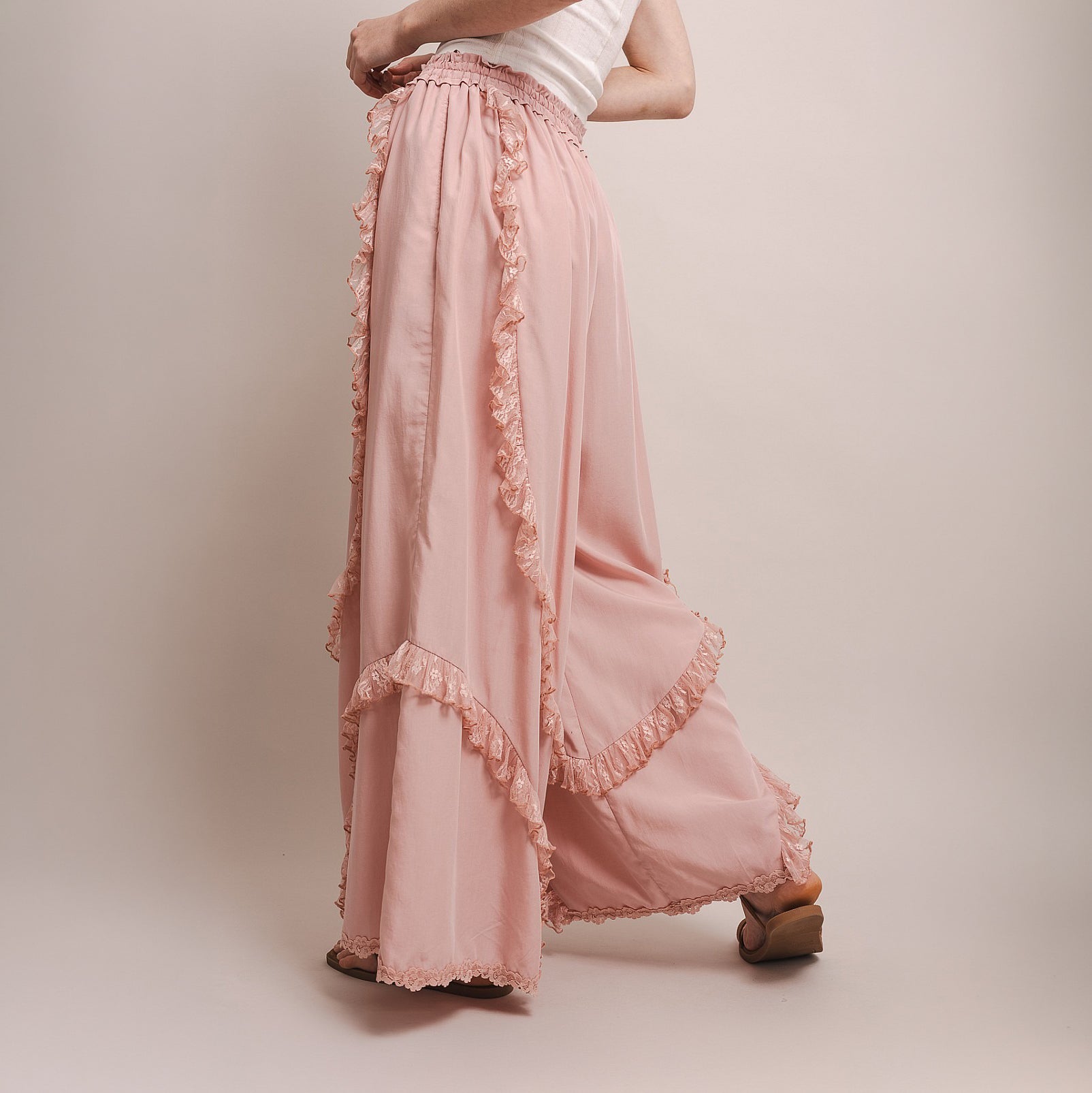 Bluevelvet Pink Ruffle Detail Wide Leg Pants